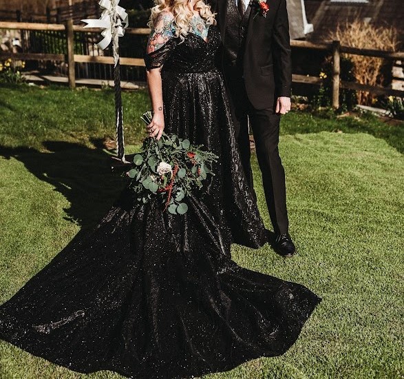 black sequin wedding dress Tish Black Wedding Dress, Gothic Sequin Lace Mermaid Gown With High Neck &  Long Sleeves, Dramatic Train, Dark Bridal Elegance Alternative