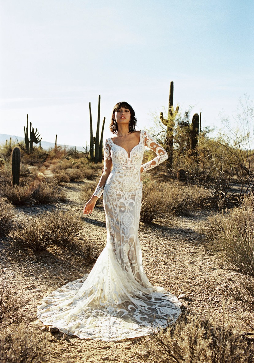 two piece long lace dress Two Piece V-neck Wedding Dress with Sweep Train Lace Long Sleeves, Diamond White / 8 main image 0