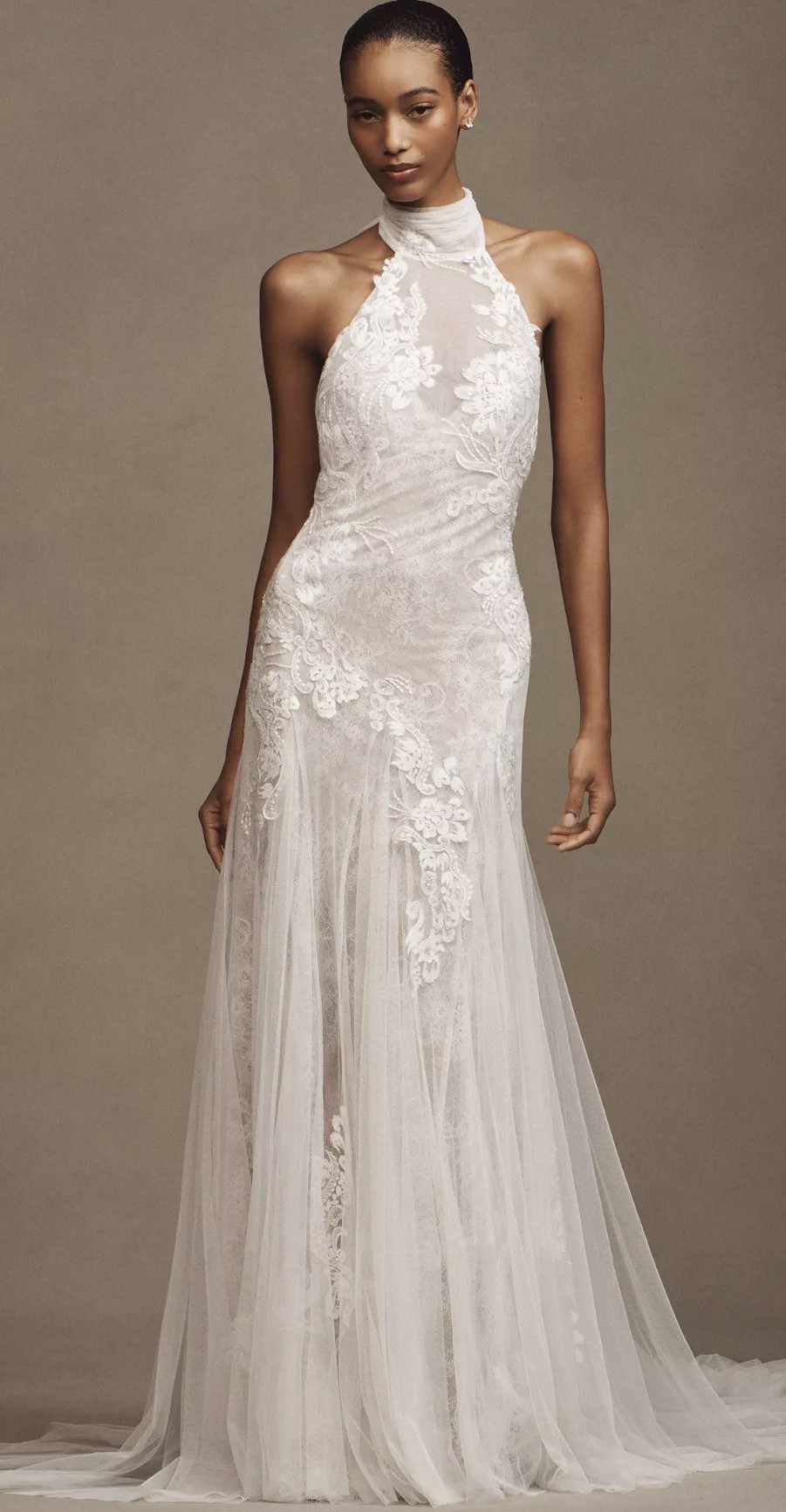 Watters, Zoe Halter Fit & Flare Beaded Lace Wedding Gown New Wedding Dress  Save 20% - Stillwhite