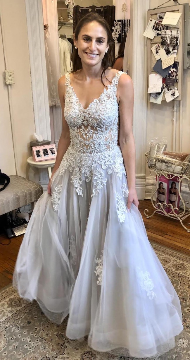 Justin Alexander Illusion Beaded Lace Tea Length Layered Ball Gown,